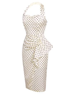 Ivory 1960s Polka Dot Halter Pencil Dress -Retro Pulse Shop SCV016661 2