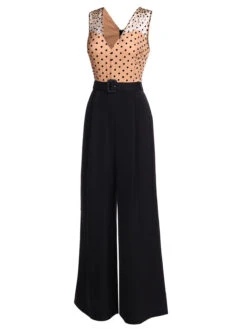Black 1930s Polka Dot Patchwork Belt Jumpsuit -Retro Pulse Shop SCV016938 2