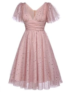 Pink 1950s Star Sequin Lace Swing Dress 13 Pink 1950s Star Sequin Lace Swing Dress -Retro Pulse Shop SCV017382 2