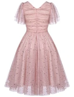 Pink 1950s Star Sequin Lace Swing Dress 14 Pink 1950s Star Sequin Lace Swing Dress -Retro Pulse Shop SCV017382 3