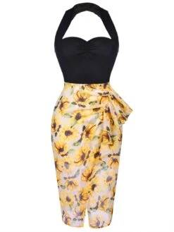 Black 1960s Halter Sunflower Pencil Dress -Retro Pulse Shop SCV017753 1