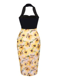 Black 1960s Halter Sunflower Pencil Dress -Retro Pulse Shop SCV017753 3