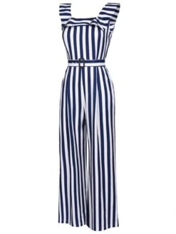 Blue 1930s Striped Ruffle Jumpsuit -Retro Pulse Shop SCV018480 2