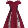 Red 1950s Patchwork Bowknot Lace-up Dress -Retro Pulse Shop SCV018490