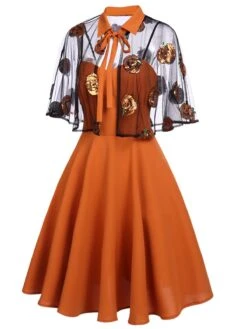 Orange 1950s Cape Pumpkin Swing Dress -Retro Pulse Shop SCV019299 2