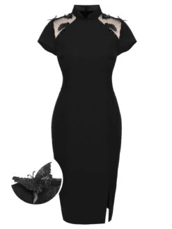 Black 1960s Butterfly Backless Pencil Dress -Retro Pulse Shop SCV019360 01