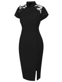 Black 1960s Butterfly Backless Pencil Dress -Retro Pulse Shop SCV019360 2