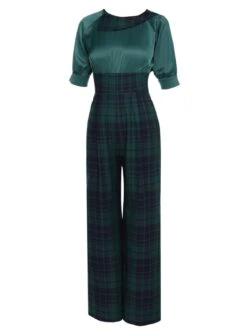 Green 1930s Plaid Patchwork Puff Jumpsuit -Retro Pulse Shop SCV019963 2
