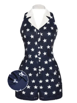 Navy Blue 1950s Stars Lapel Vintage Romper