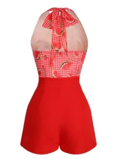 Watermelon Red 1950s Halter Patchwork Romper -Retro Pulse Shop SCV020896 R1
