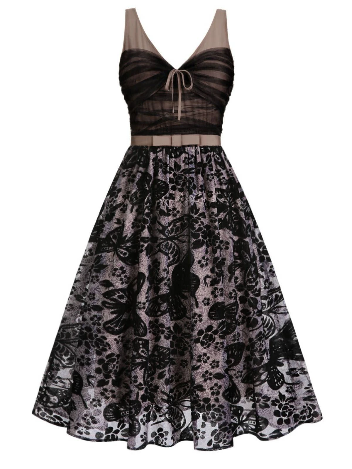 Black 1950s Butterfly Mesh Stitching Dress 4 Black 1950s Butterfly Mesh Stitching Dress - Image 2