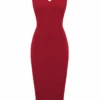 Red 1960s Heart Collar Solid Pencil Dress -Retro Pulse Shop SCV021020 R 1