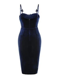 Blue 1960s 3D Butterfly Velvet Pencil Dress -Retro Pulse Shop SCV021075 2