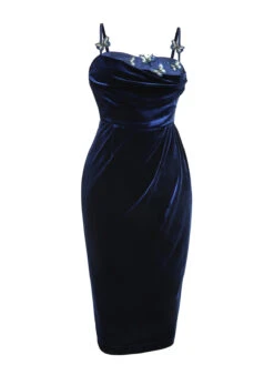 Blue 1960s 3D Butterfly Velvet Pencil Dress -Retro Pulse Shop SCV021075 3