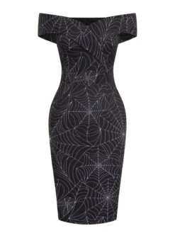 Black 1960s Off-shoulder Spider Web Dress -Retro Pulse Shop SCV021131 1