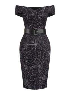 Black 1960s Off-shoulder Spider Web Dress -Retro Pulse Shop SCV021131 3