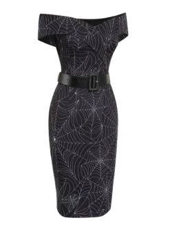 Black 1960s Off-shoulder Spider Web Dress -Retro Pulse Shop SCV021131 4
