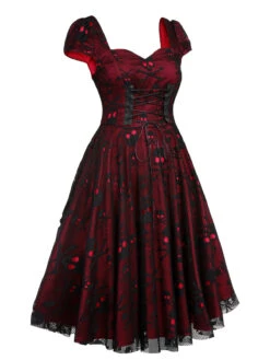 Wine Red 1950s Skull Mesh Swing Dress -Retro Pulse Shop SCV021138 3