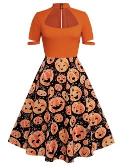 Orange 1950s Halloween Pumpkin Swing Dress -Retro Pulse Shop SCV021141 1