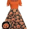 Orange 1950s Halloween Pumpkin Swing Dress 1 Orange 1950s Halloween Pumpkin Swing Dress -Retro Pulse Shop SCV021141