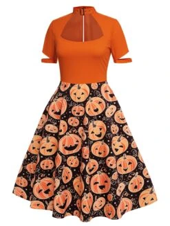 Orange 1950s Halloween Pumpkin Swing Dress -Retro Pulse Shop SCV021141 2