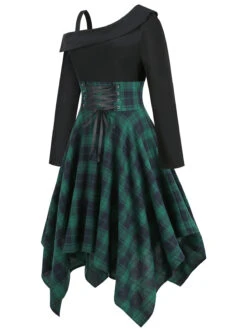 Green 1950s Long Sleeve Patchwork Swing Dress -Retro Pulse Shop SCV021198 G 3