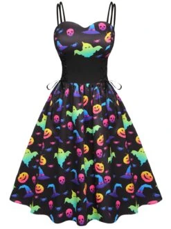 1950s Halloween Colorful Print Strap Dress -Retro Pulse Shop SCV021205 1