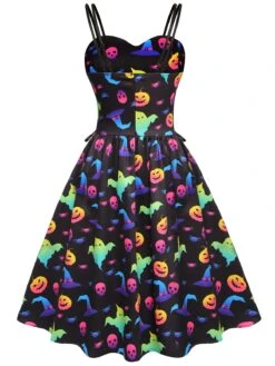 1950s Halloween Colorful Print Strap Dress -Retro Pulse Shop SCV021205 3