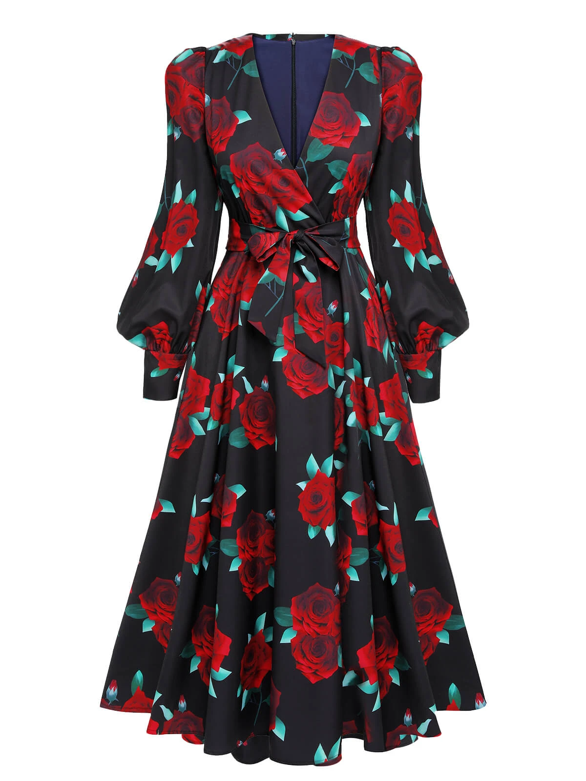 Black 1940s Rose Lantern Sleeve Lace-Up Dress 4 Black 1940s Rose Lantern Sleeve Lace-Up Dress - Image 2