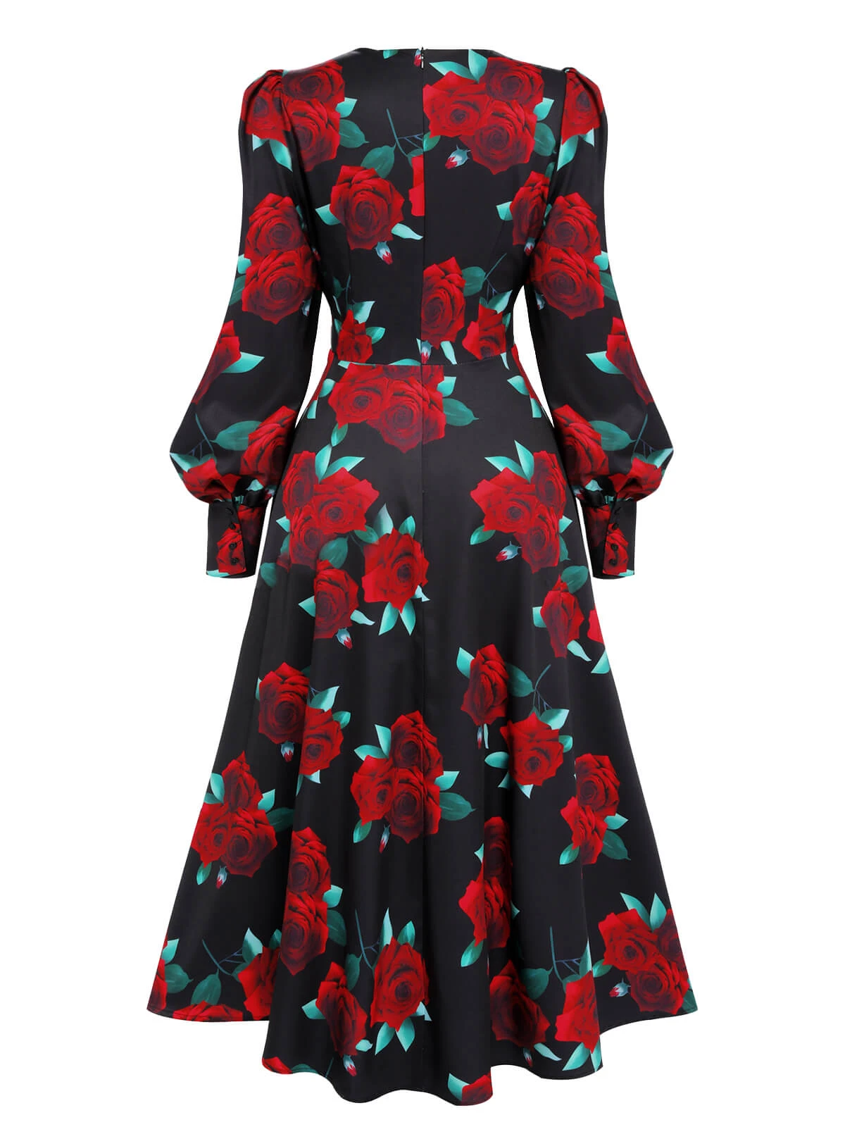 Black 1940s Rose Lantern Sleeve Lace-Up Dress 6 Black 1940s Rose Lantern Sleeve Lace-Up Dress - Image 4