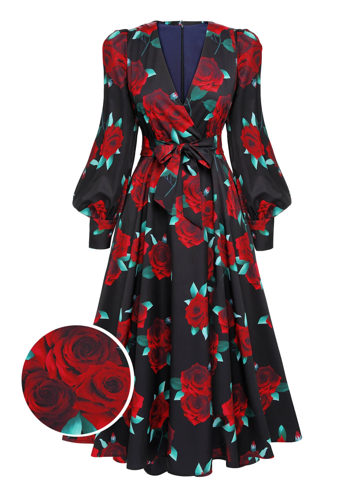 Black 1940s Rose Lantern Sleeve Lace-Up Dress 3 Black 1940s Rose Lantern Sleeve Lace-Up Dress