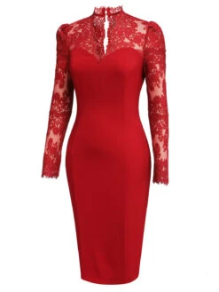 Red 1960s Lace Long Sleeves Patchwork Dress -Retro Pulse Shop SCV021246 1