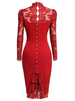 Red 1960s Lace Long Sleeves Patchwork Dress -Retro Pulse Shop SCV021246 2