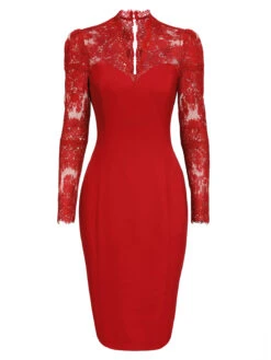 Red 1960s Lace Long Sleeves Patchwork Dress -Retro Pulse Shop SCV021246 4
