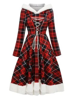 Red 1950s Plaid Lace-up Hooded Dress -Retro Pulse Shop SCV021323 R 2
