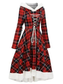 Red 1950s Plaid Lace-up Hooded Dress -Retro Pulse Shop SCV021323 R 4