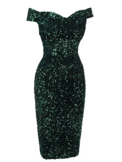 Green 1960s Sequins Off-Shoulder Pencil Dress -Retro Pulse Shop SCV021325 3