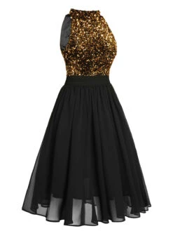 Black 1950s Gold Glitter Patchwork Dress 11 Black 1950s Gold Glitter Patchwork Dress -Retro Pulse Shop SCV021327 B 4