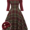 Wine Red 1950s Plaids Off-Shoulder Dress -Retro Pulse Shop SCV021388 WR 1