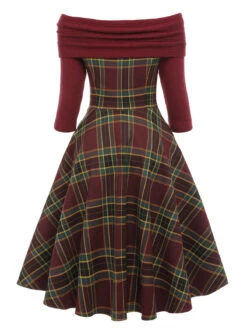 Wine Red 1950s Plaids Off-Shoulder Dress -Retro Pulse Shop SCV021388 WR 3