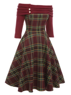 Wine Red 1950s Plaids Off-Shoulder Dress -Retro Pulse Shop SCV021388 WR 4