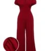 Wine Red 1930s V-neck Solid Wrap Jumpsuit -Retro Pulse Shop SCV021452