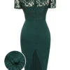 Dark Green 1960s Lace Off-shoulder Dress -Retro Pulse Shop SCV021464