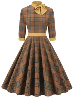 Yellow 1950s Plaid Bowknot Patchwork Dress -Retro Pulse Shop SCV021469 BR 1 1