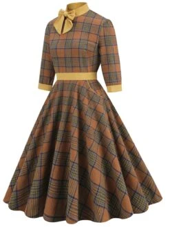 Yellow 1950s Plaid Bowknot Patchwork Dress -Retro Pulse Shop SCV021469 BR 2
