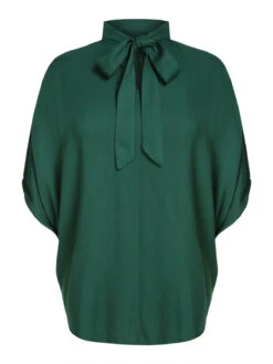 Green 1950s Solid Ribbon Collar Satin Blouse