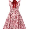 Red 1940s Floral Bow Lapel Sleeveless Dress -Retro Pulse Shop SCV021524 1