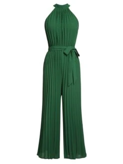 Green 1930s Solid Pleated Halter Jumpsuit