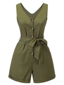 [Pre-Sale] Blue 1950s V-Neck Button Waist Tie Romper -Retro Pulse Shop SCV021539 1