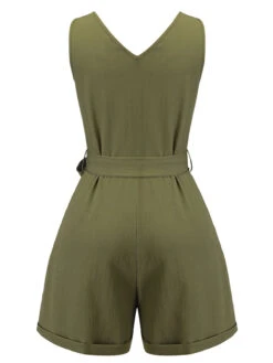 Army Green 1950s V-Neck Button Waist Tie Romper -Retro Pulse Shop SCV021539 2 1